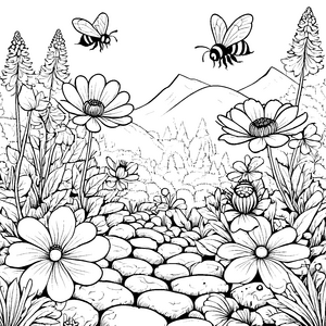 Idyllische Gänseblümchen mit Hummeln Malbild für fröhliche Naturfreunde