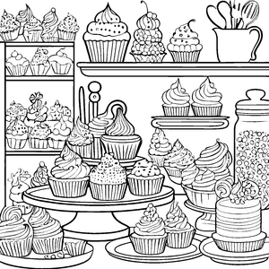 Vielfältige Cupcakes auf Etageren: Ausmalbild für malfreudige Konditoren