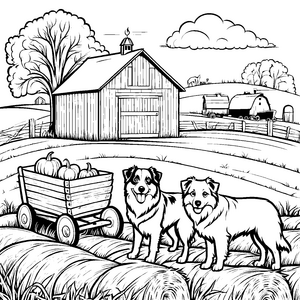 Freundliche Australian Shepherds am Kürbiskarren Bastelmotiv für kreative Bauernhoffreunde