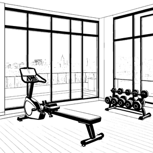 Modernes Rudergerät im Fitnessraum: Ausmalvorlage für verträumte Sportfans