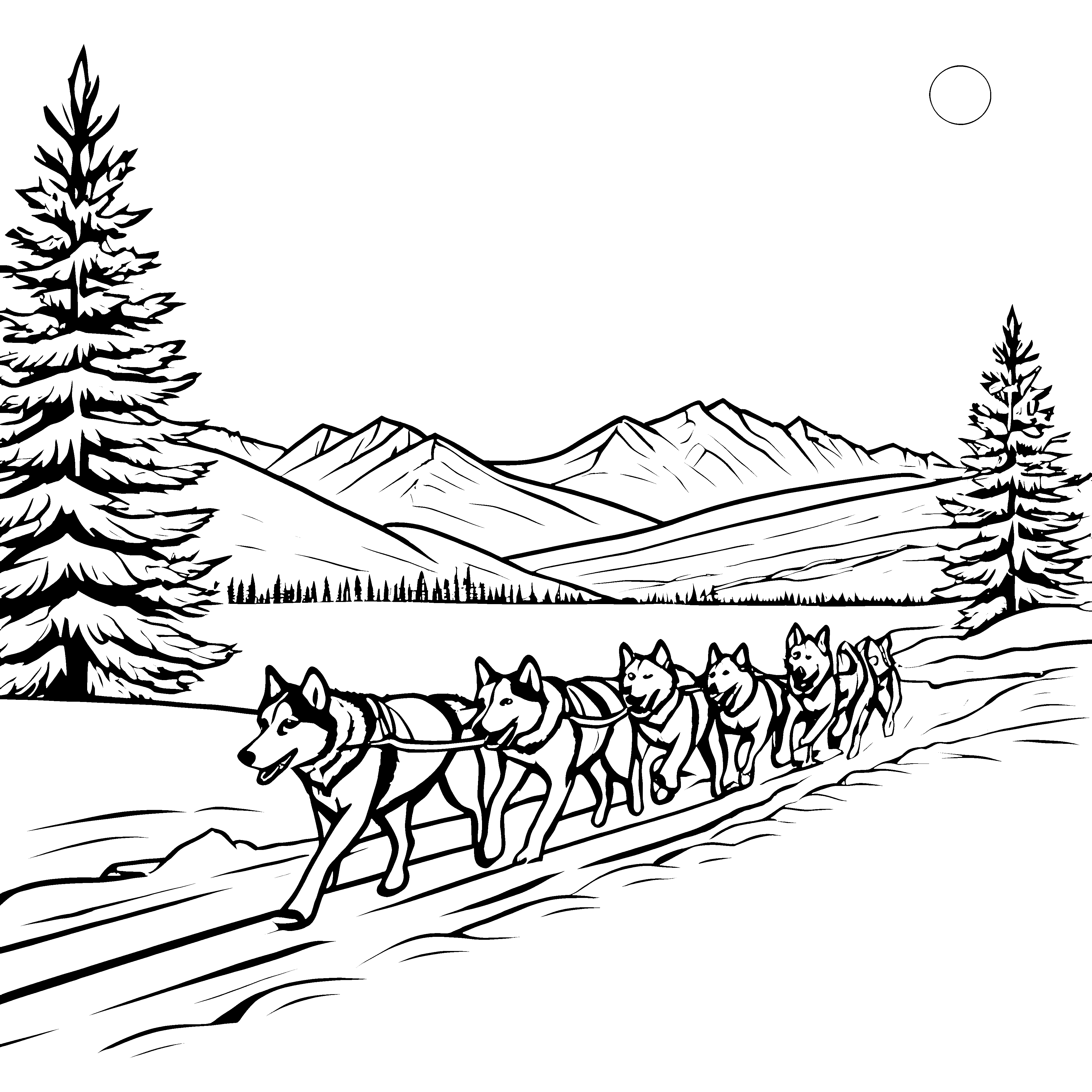 Mutige Schlittenhunde in den Bergen Malvorlage für verträumte Winterfreunde