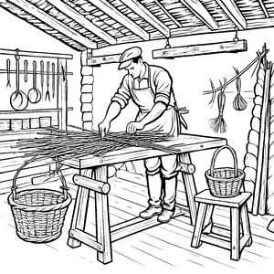 Fleißiger Korbmacher mit Weidenruten Bastelmotiv für kleine Handwerker