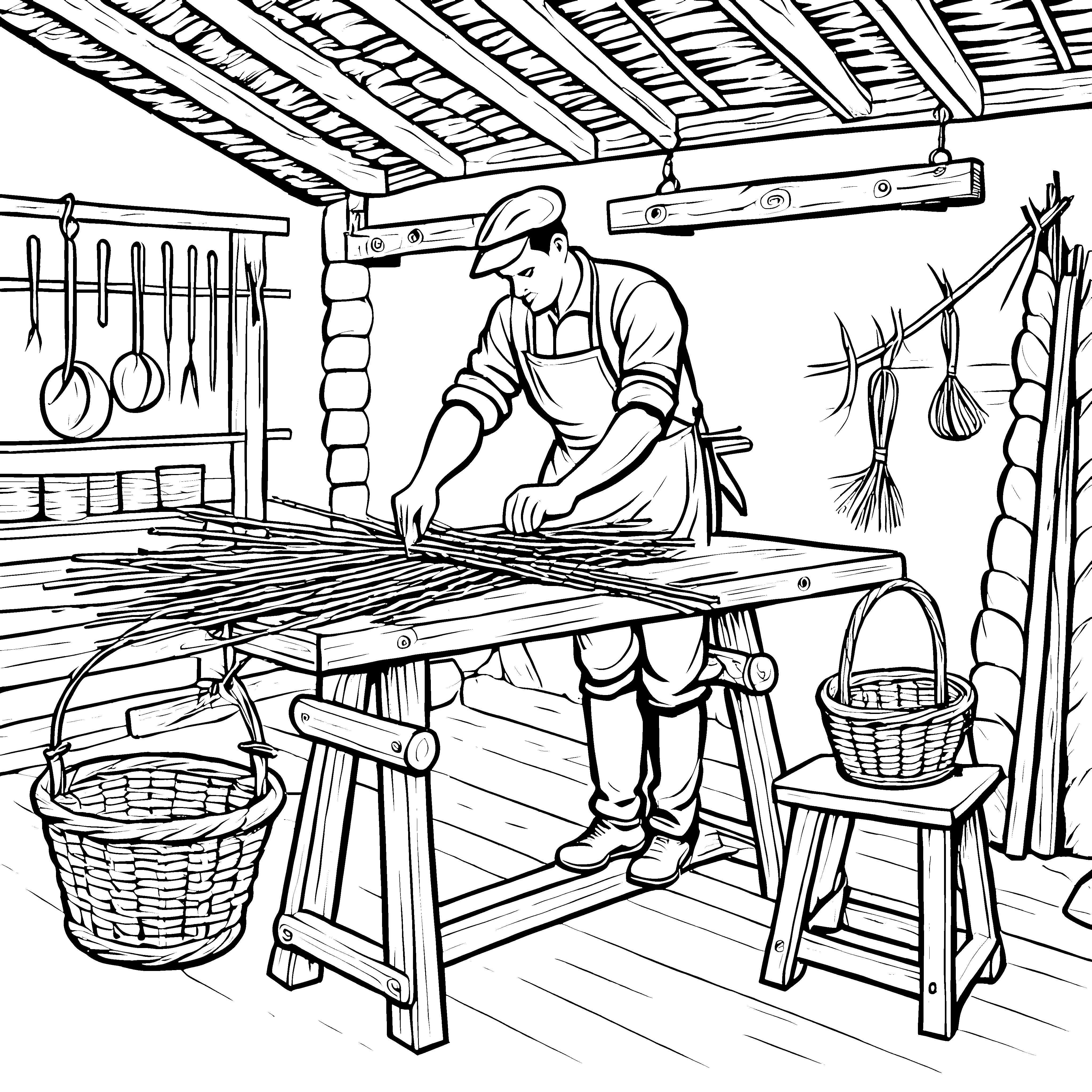 Fleißiger Korbmacher mit Weidenruten Bastelmotiv für kleine Handwerker