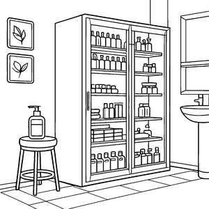 Ordnungsliebender Medizinschrank mit Flaschen Malbild für fröhliche Apothekenhelfer