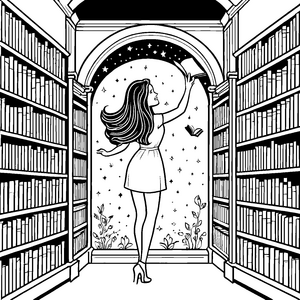 Frau mit glatten langen Haaren in der Bücherbibliothek Ausmalbild fuer kleine Entdecker