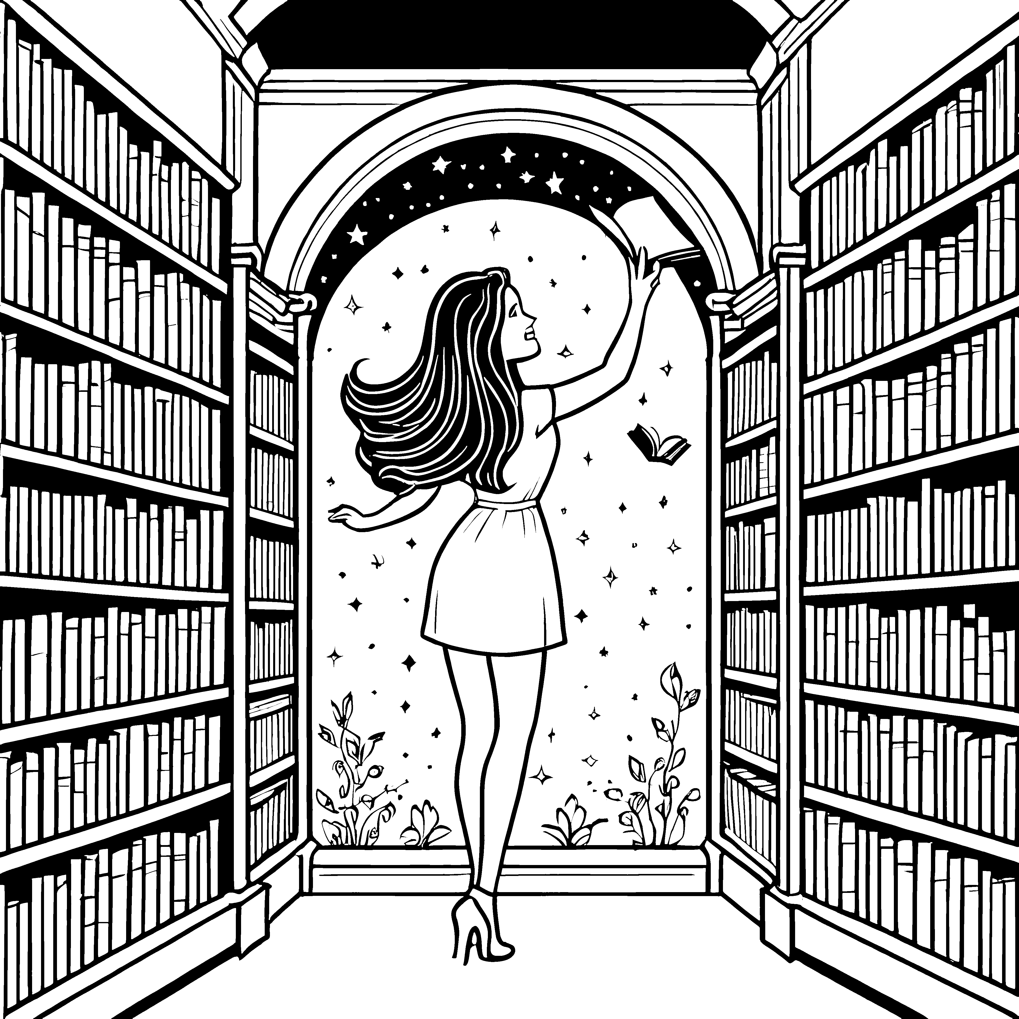 Frau mit glatten langen Haaren in der Bücherbibliothek Ausmalbild fuer kleine Entdecker