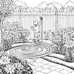 Spielerischer Gartenschlauch mit Hund: Ausmalvorlage für fröhliche Gartenfreunde