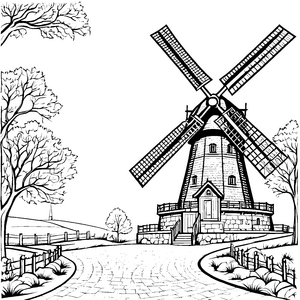 Prächtige Windmühle auf gepflastertem Weg Bastelvorlage für Landschaftsfreunde