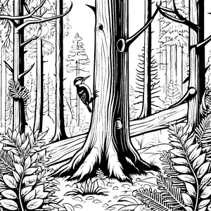 Wachsamer Specht am Baumstamm Bastelvorlage für Waldfreunde