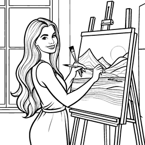 Die Künstlerin mit den glatten langen Haaren im Atelier - Ausmalbild fuer kleine Entdecker
