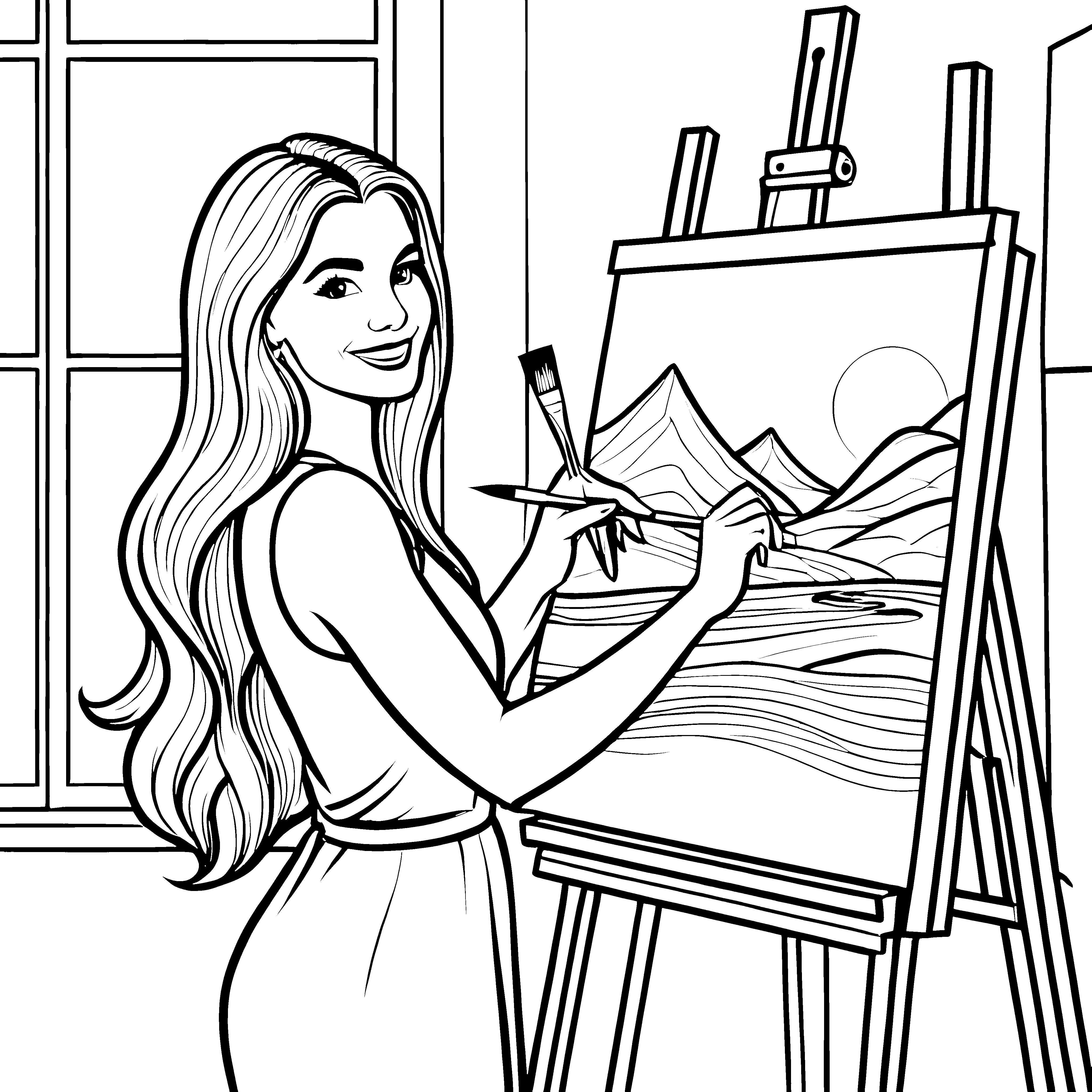 Die Künstlerin mit den glatten langen Haaren im Atelier - Ausmalbild fuer kleine Entdecker