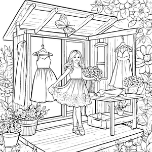 Das Mädchen im Blumenkleid in der kleinen Verkaufsbude Ausmalbild fuer kleine Entdecker