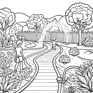 Fröhlicher Gartenschlauch mit Wasserfontäne Bastelmotiv für malfreudige Gärtnerlein