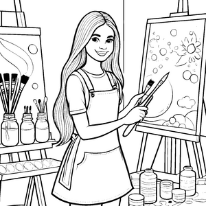 Die Künstlerin mit glatten langen Haaren im Atelier - Ausmalbild fuer kleine Entdecker