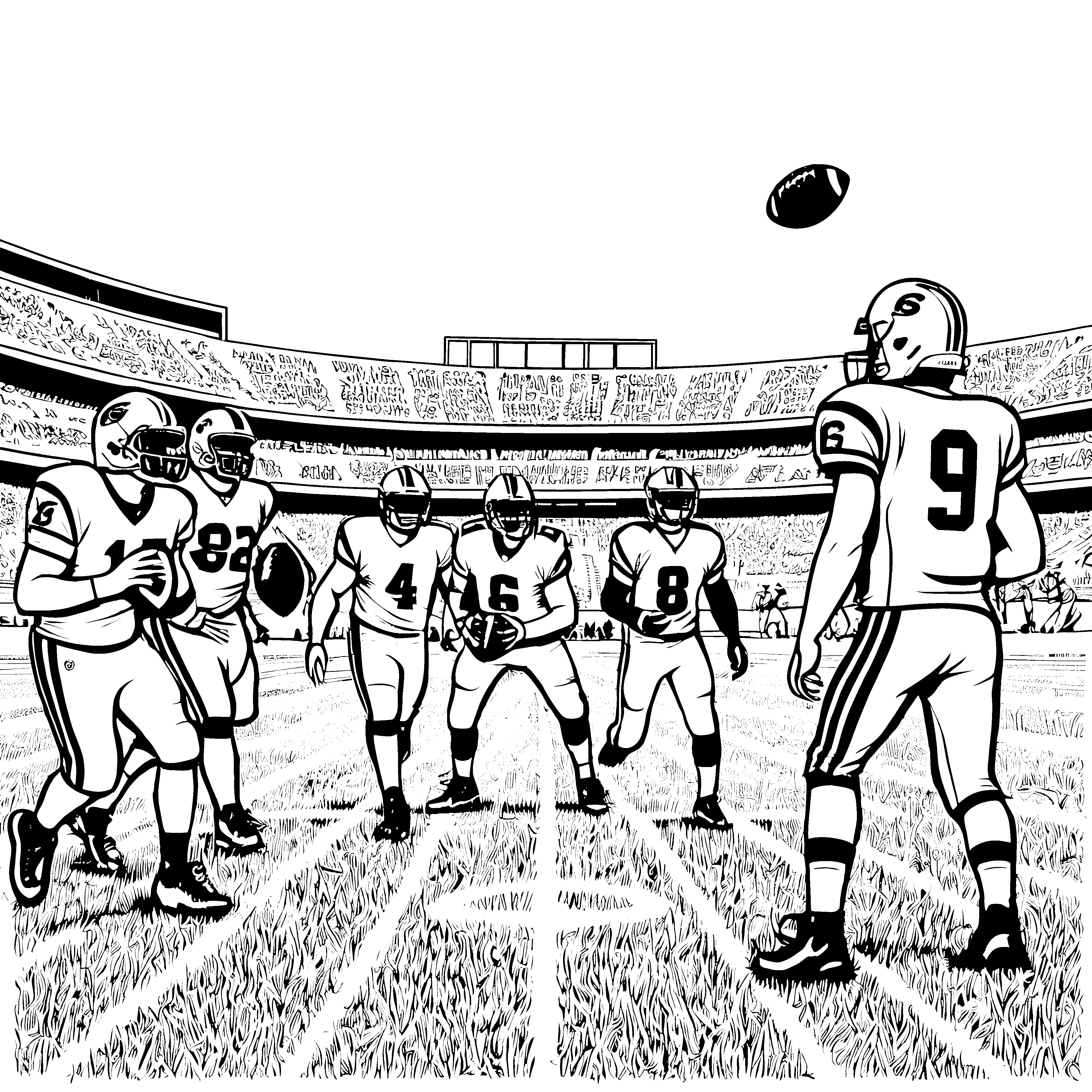 Dynamisches American-Football-Spielausmalbild für Stadionfans Ausmalbild