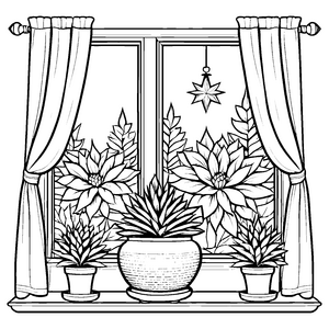 Festliche Weihnachtssterne auf der Fensterbank Malbild für kreative Winterfreunde