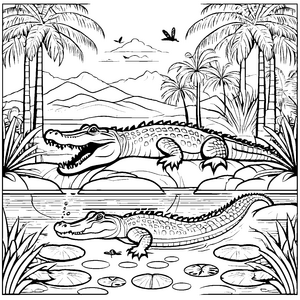 Krokodile in der tropischen Landschaft mit Palmen und Seerosen – Ausmalbild fuer kleine Entdecker
