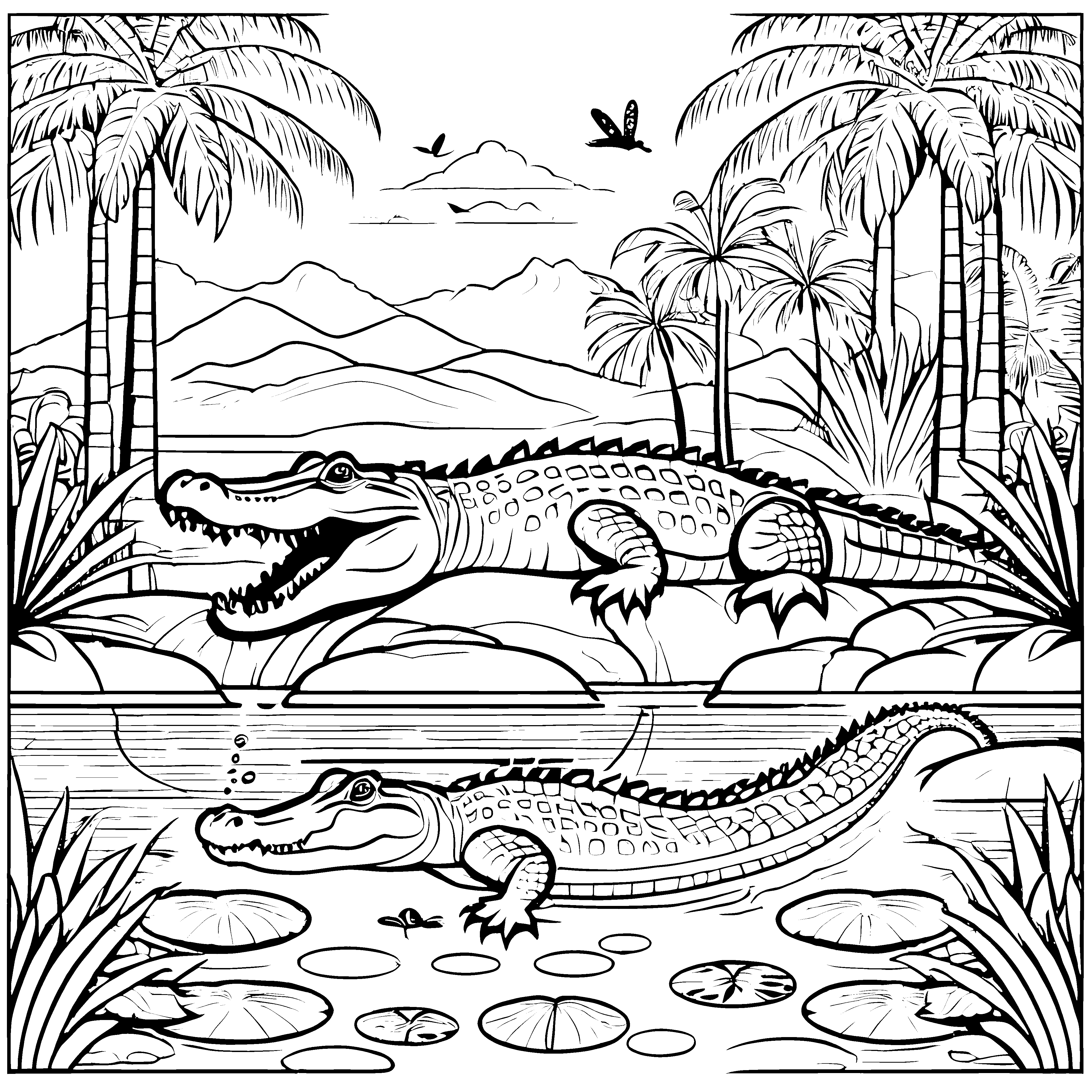 Krokodile in der tropischen Landschaft mit Palmen und Seerosen - Ausmalbild fuer kleine Entdecker