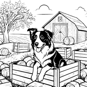 Fröhlicher Australian Shepherd in Heuballen Ausmalbild für mutige Bauernhoffreunde