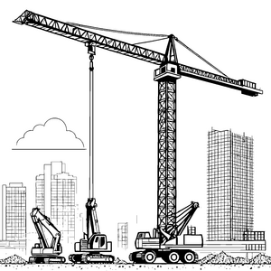 Große Baukräne auf der Baustelle in der Stadt Ausmalbild fuer kleine Entdecker