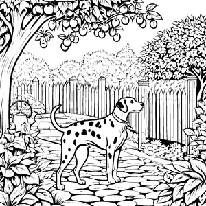 Fleißiger Dalmatiner im Obstgarten Ausmalvorlage für Gartenfreunde