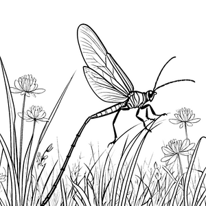 Detailreiche Libelle im Schilf Malvorlage für Naturfreunde