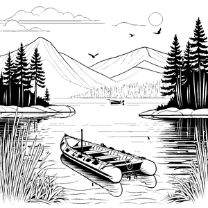 Ruhiges Schlauchboot am Bergsee Ausmalbild für kreative Wasserfreunde
