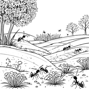 Geschäftige Ameisen im Blumenbeet Malvorlage für fröhliche Gartenfreunde