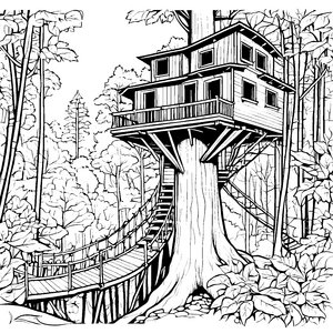 Prachtvolles Baumhaus mit Holzsteg Ausmalbild für Waldgeister