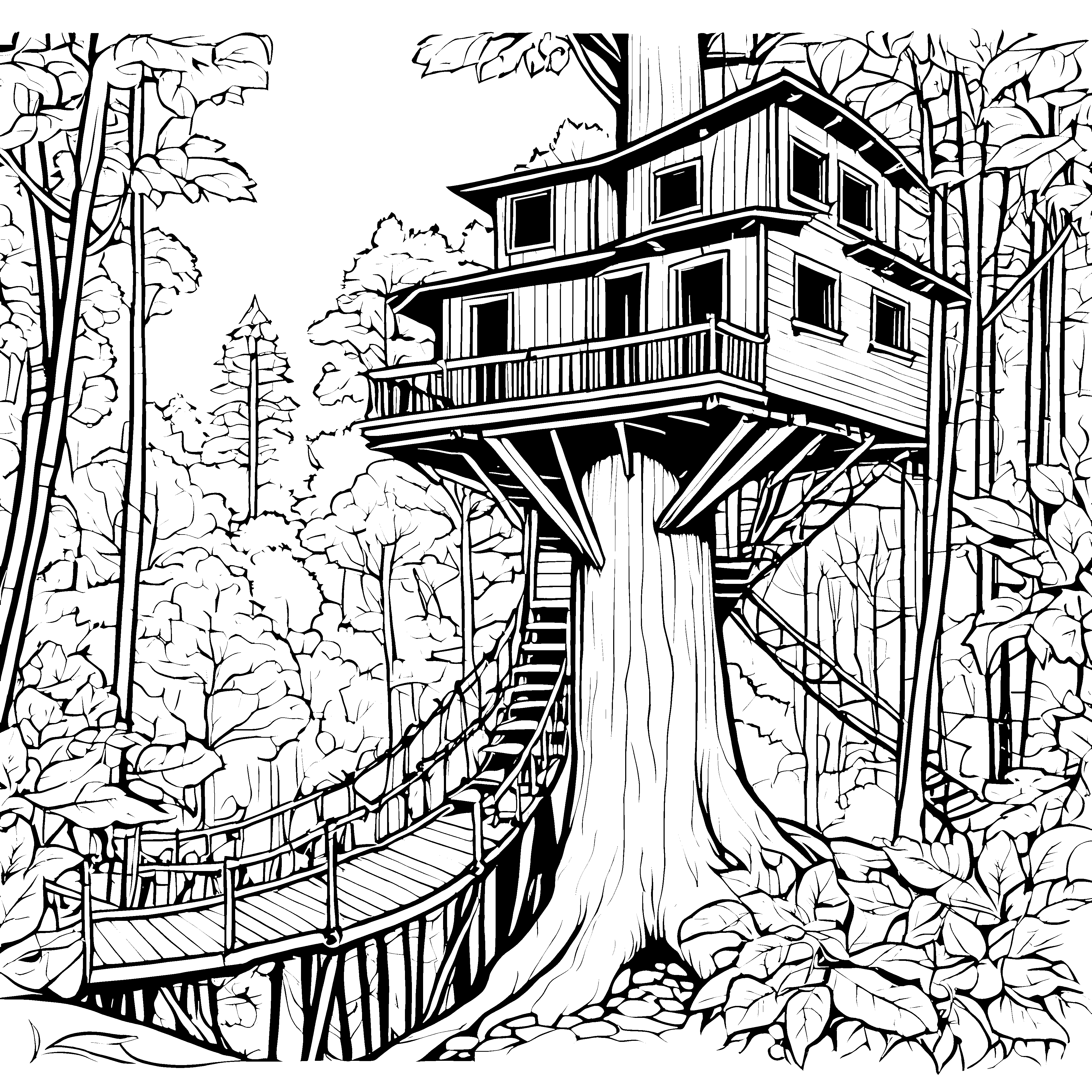 Prachtvolles Baumhaus mit Holzsteg Ausmalbild für Waldgeister