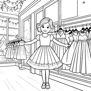 Das Mädchen im schicken Kleid im Bekleidungsgeschäft – Ausmalbild fuer kleine Tierfreunde