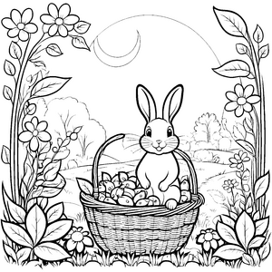 Der Hase im Korb voller Zuckererbsen Ausmalbild fuer kleine Entdecker