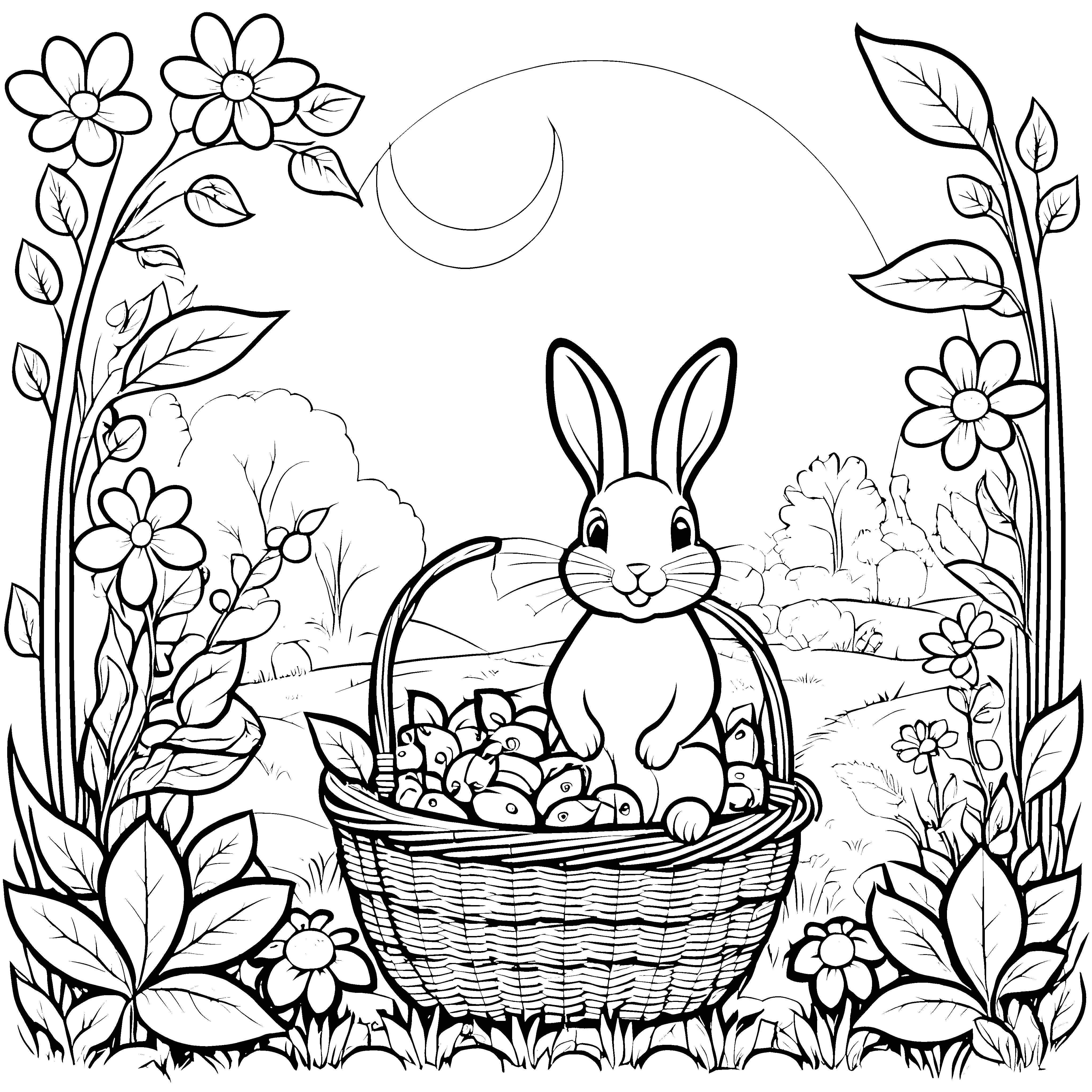 Der Hase im Korb voller Zuckererbsen Ausmalbild fuer kleine Entdecker