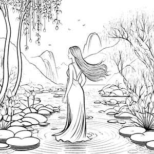 Frau mit glatten langen Haaren im Teich mit Seerosen Ausmalbild fuer kleine Entdecker