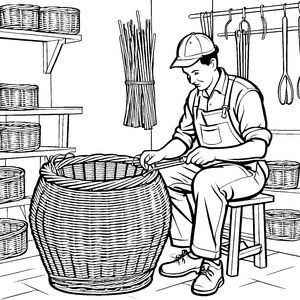 Geschickter Korbmacher mit Weidenruten Malvorlage für kleine Handwerksfreunde