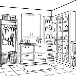 Organisierter Medizinschrank mit Medikamentenflaschen: Bastelvorlage für malfreudige Apothekenhelfer