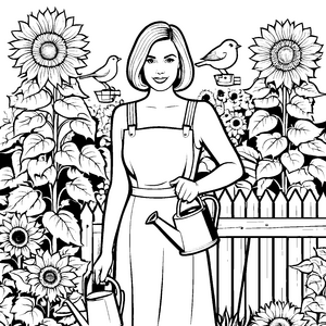 Fröhliche Bob-Frisur mit Sonnenblumen Bastelvorlage für kleine Gartenfreunde