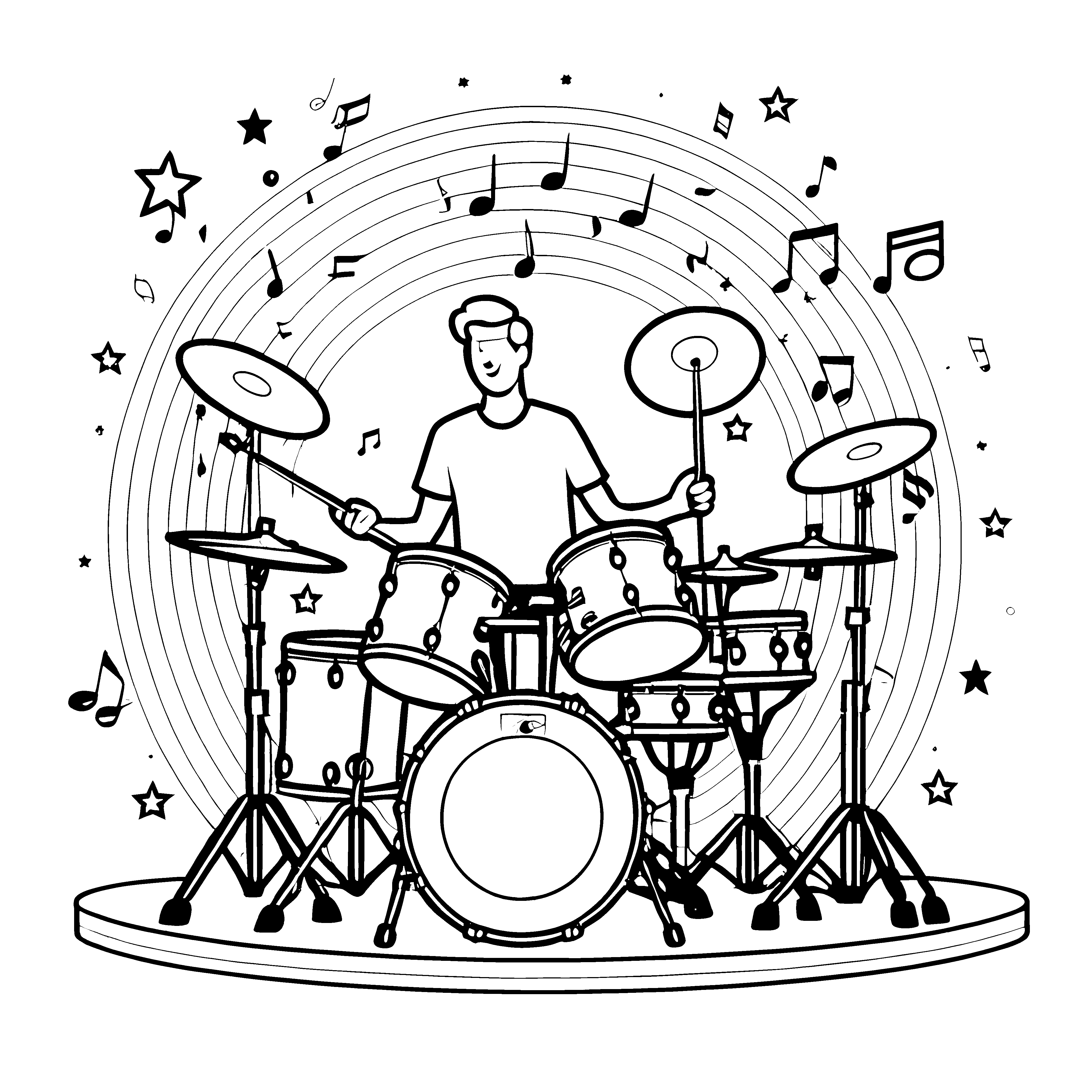 Rhythmisches Schlagzeug mit Musiknoten Ausmalbild für neugierige Trommler