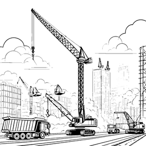 Große Baukräne und Lastwagen auf der Baustelle – Ausmalbild fuer kleine Entdecker
