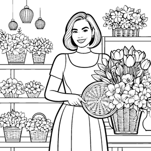 Stilvolle Frau mit Bob-Haar und Blumenkorb Bastelmotiv für neugierige Blumenfreunde