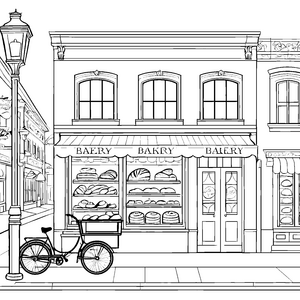 Gemütliche Bäckerei mit Lieferfahrrad Ausmalvorlage für verträumte Bäckerfreunde