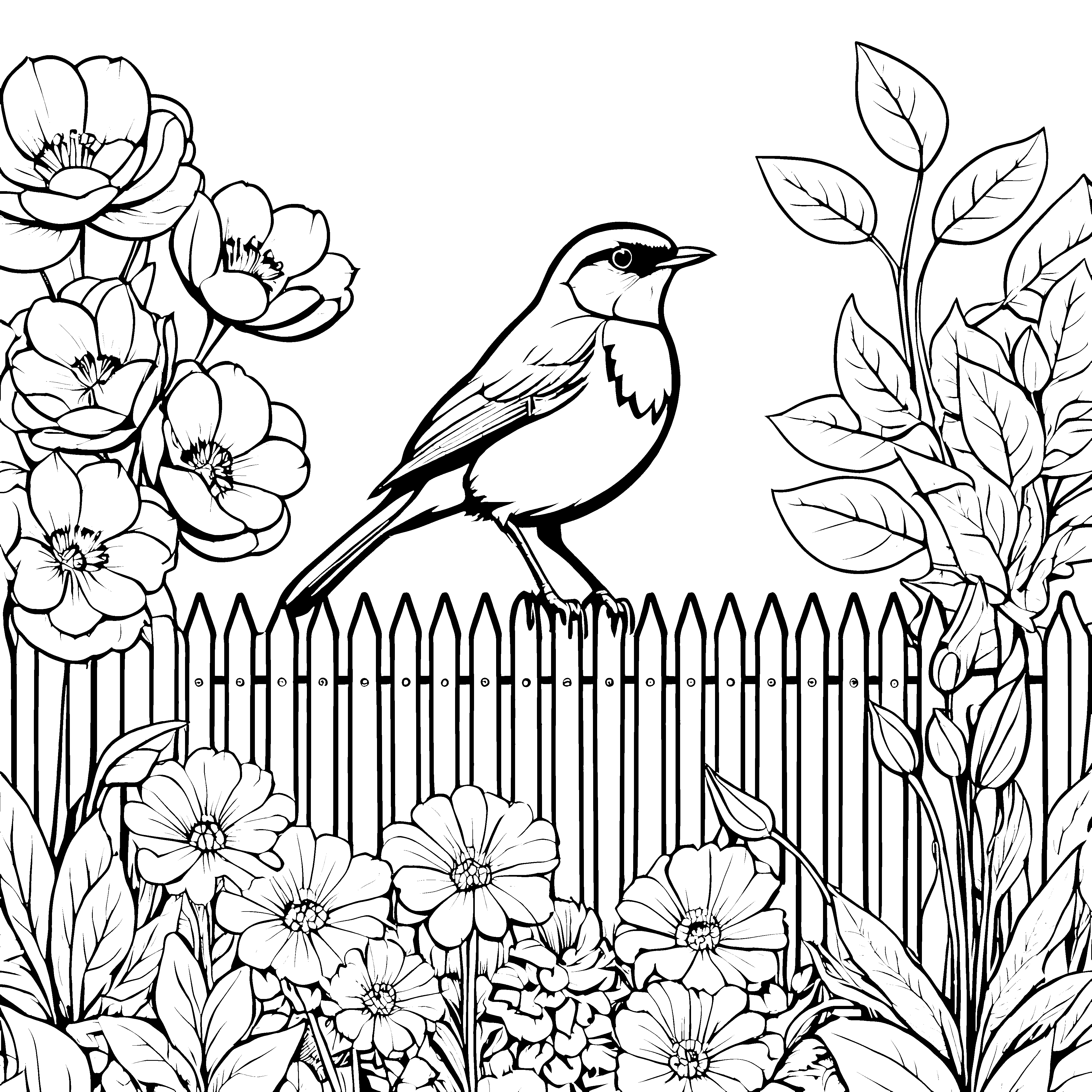 Verspieltes Rotkehlchen auf dem Zaun Malvorlage für Gartenfreunde