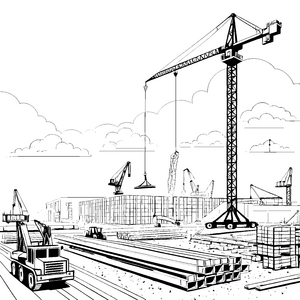 Große Baukräne und Lastwagen auf der Baustelle – Ausmalbild fuer kleine Entdecker