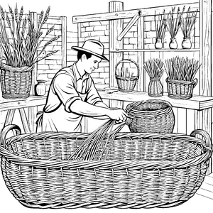 Geschickter Korbmacher mit Weidenruten Malvorlage für fröhliche Handwerker