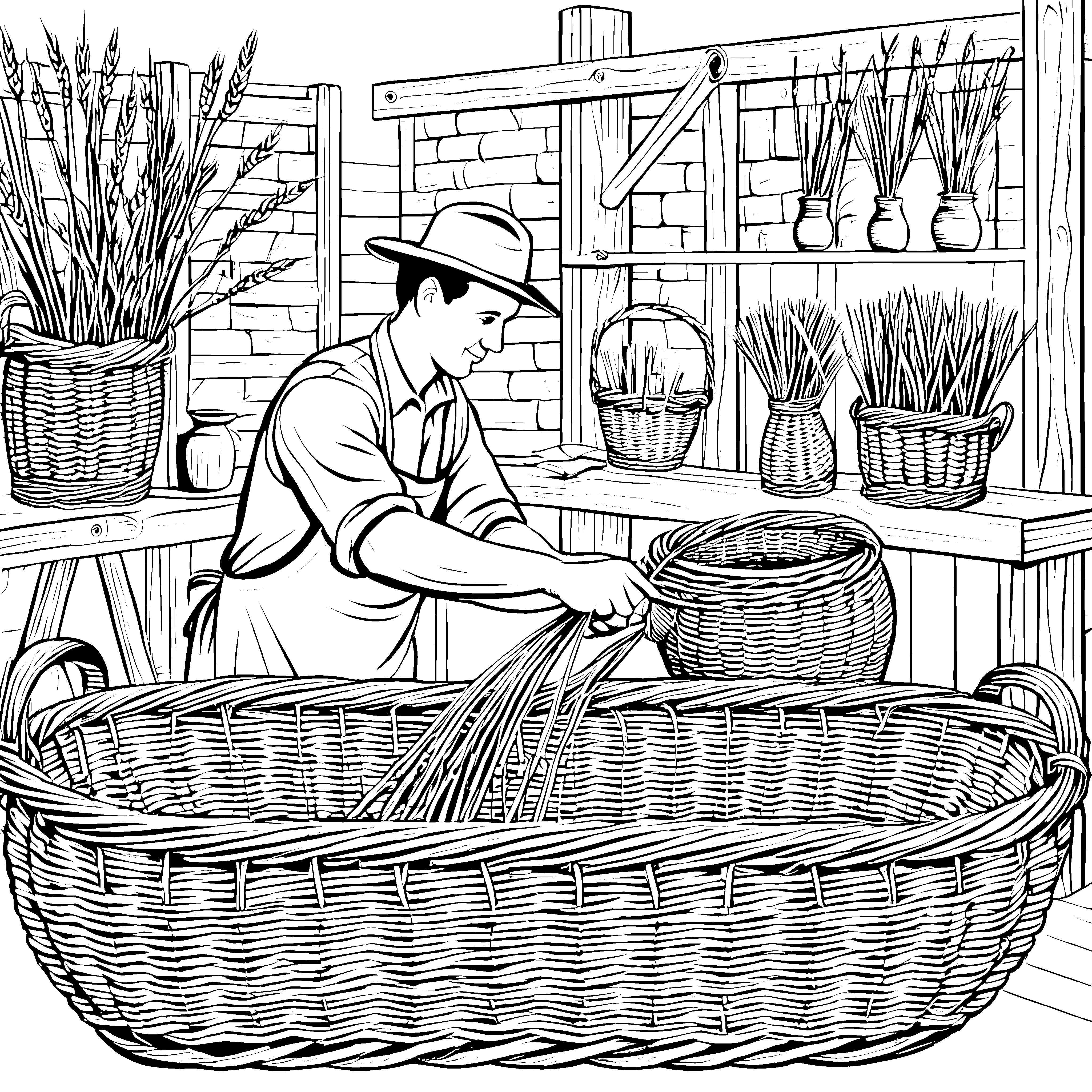 Geschickter Korbmacher mit Weidenruten Malvorlage für fröhliche Handwerker