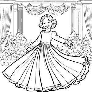 Das Mädchen im festlichen Kleid mit Schleife Ausmalbild fuer kleine Entdecker
