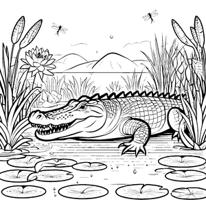 Das große Krokodil im See mit Seerosen und Bergen - Ausmalbild fuer kleine Entdecker