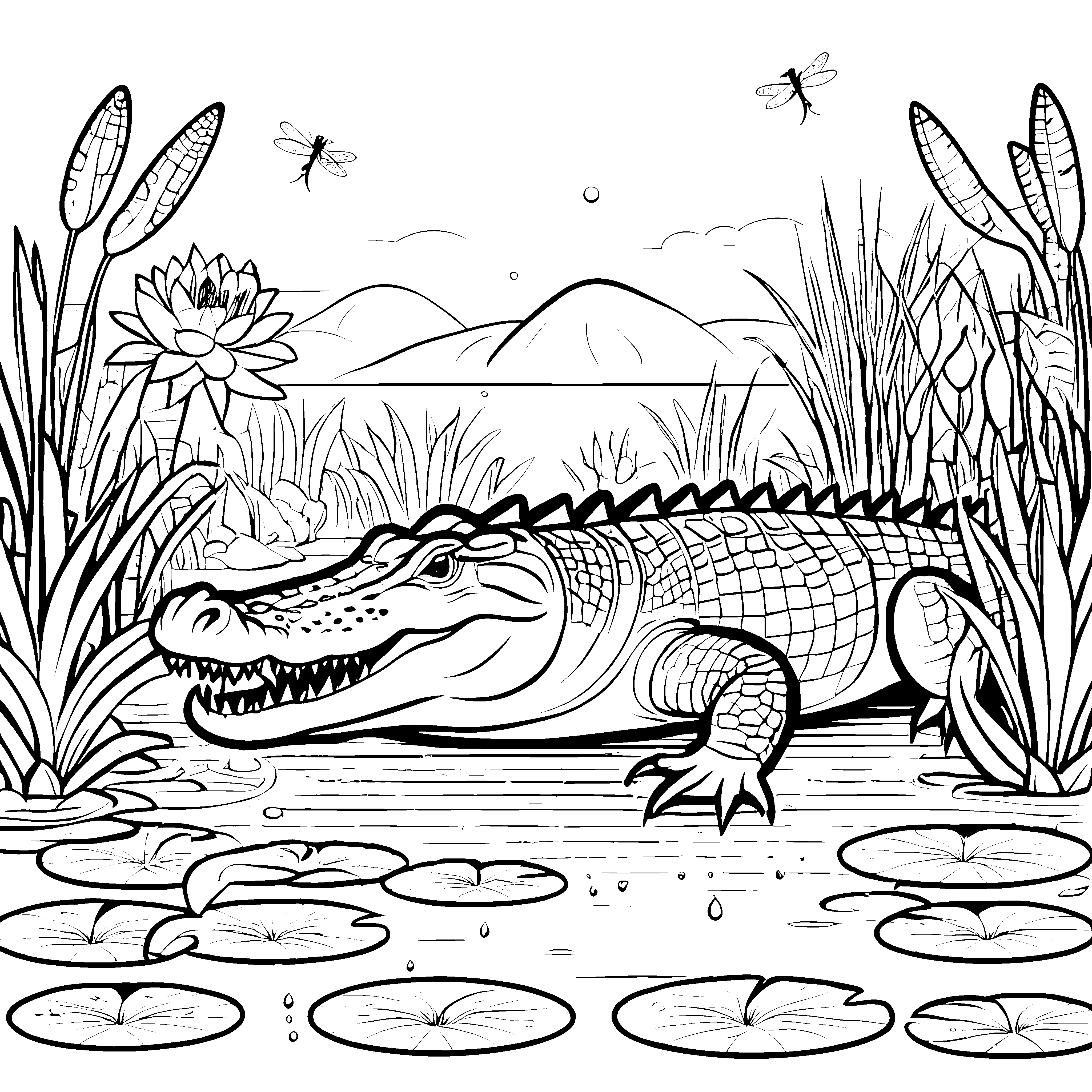Das große Krokodil im See mit Seerosen und Bergen - Ausmalbild fuer kleine Entdecker