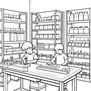 Geschäftige Kinder am Werkstatttisch Ausmalvorlage für fröhliche Bastler
