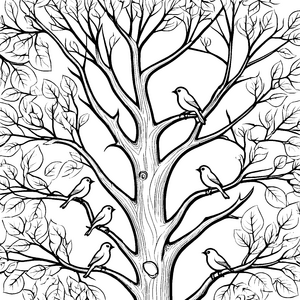 Harmonische Vögel auf einem großen Baum Ausmalvorlage für neugierige Waldfreunde